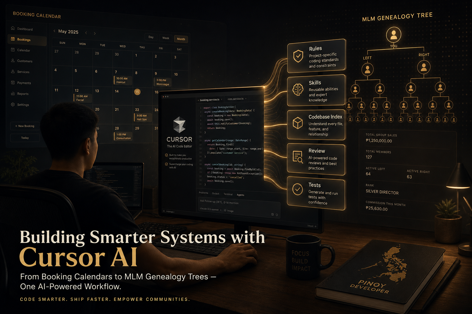 How Cursor AI understands your codebase — rules, playbook, review, and tests (booking + MLM example)