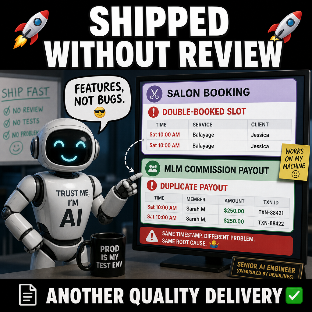 Meme: double-booked salon slot and duplicate MLM commission — shipped without review