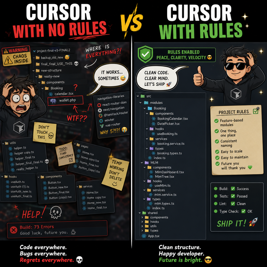Meme: Cursor without rules vs with rules — chaotic folders vs clean Booking and MLM modules