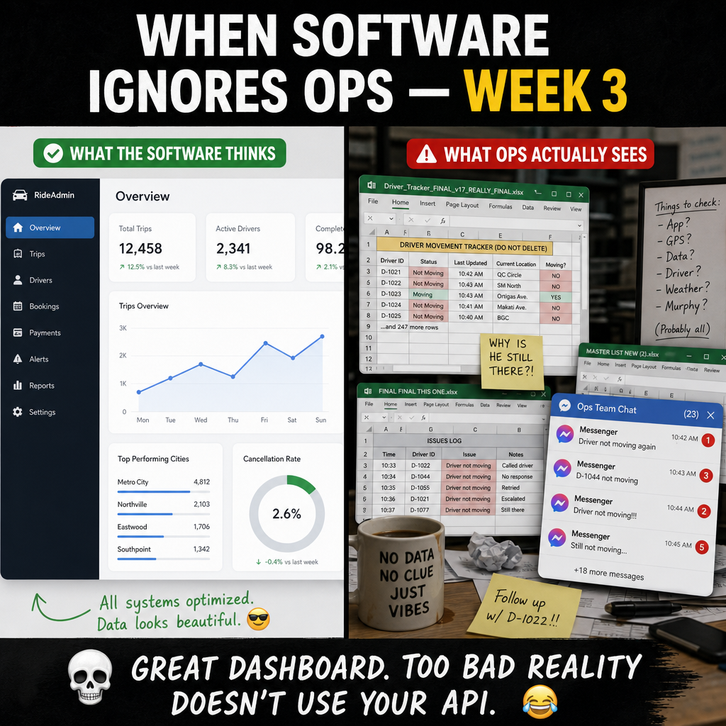 Meme: clean admin dashboard vs Excel and Messenger chaos when ops is ignored
