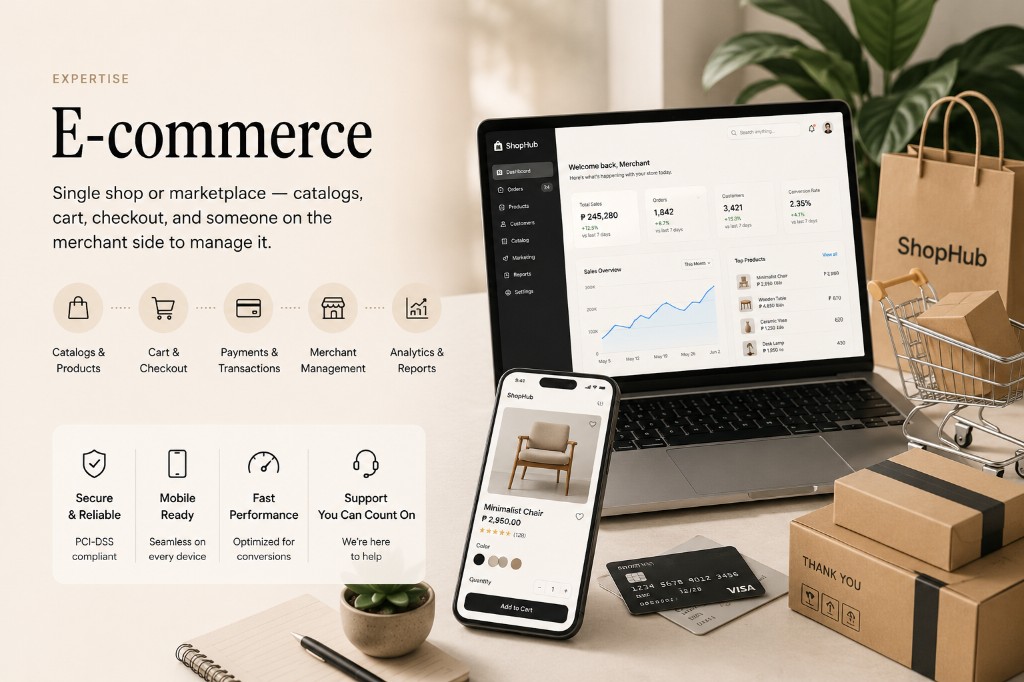 E-Commerce — Catalogs, checkout, merchant tools — one shop or a marketplace, sometimes with membership layered on top.