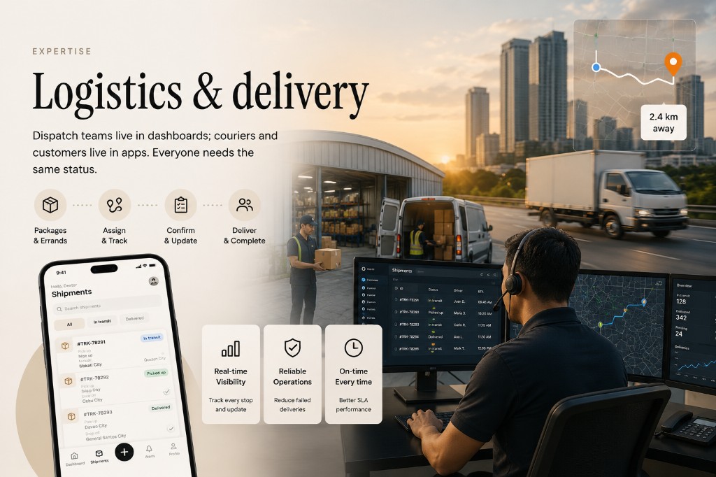 Delivery & Logistics — Packages, errands, last-mile — dispatch boards for ops, apps for couriers and customers who need the same status.