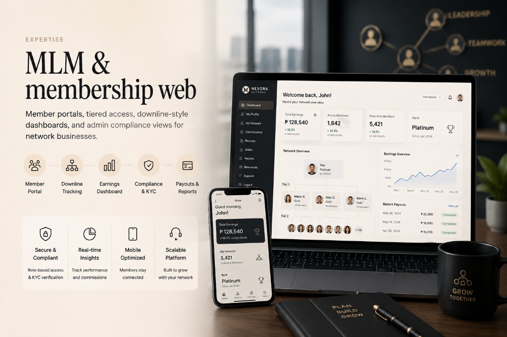 MLM & Membership Web — Member portals, tiers, downline views, and admin dashboards for network-style businesses that need clear numbers.