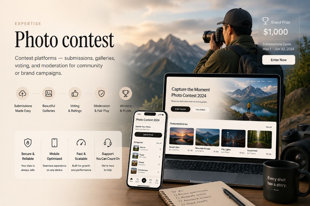 Photo Contest — Submit photos, browse galleries, vote, moderate — community or brand campaigns on web and mobile.